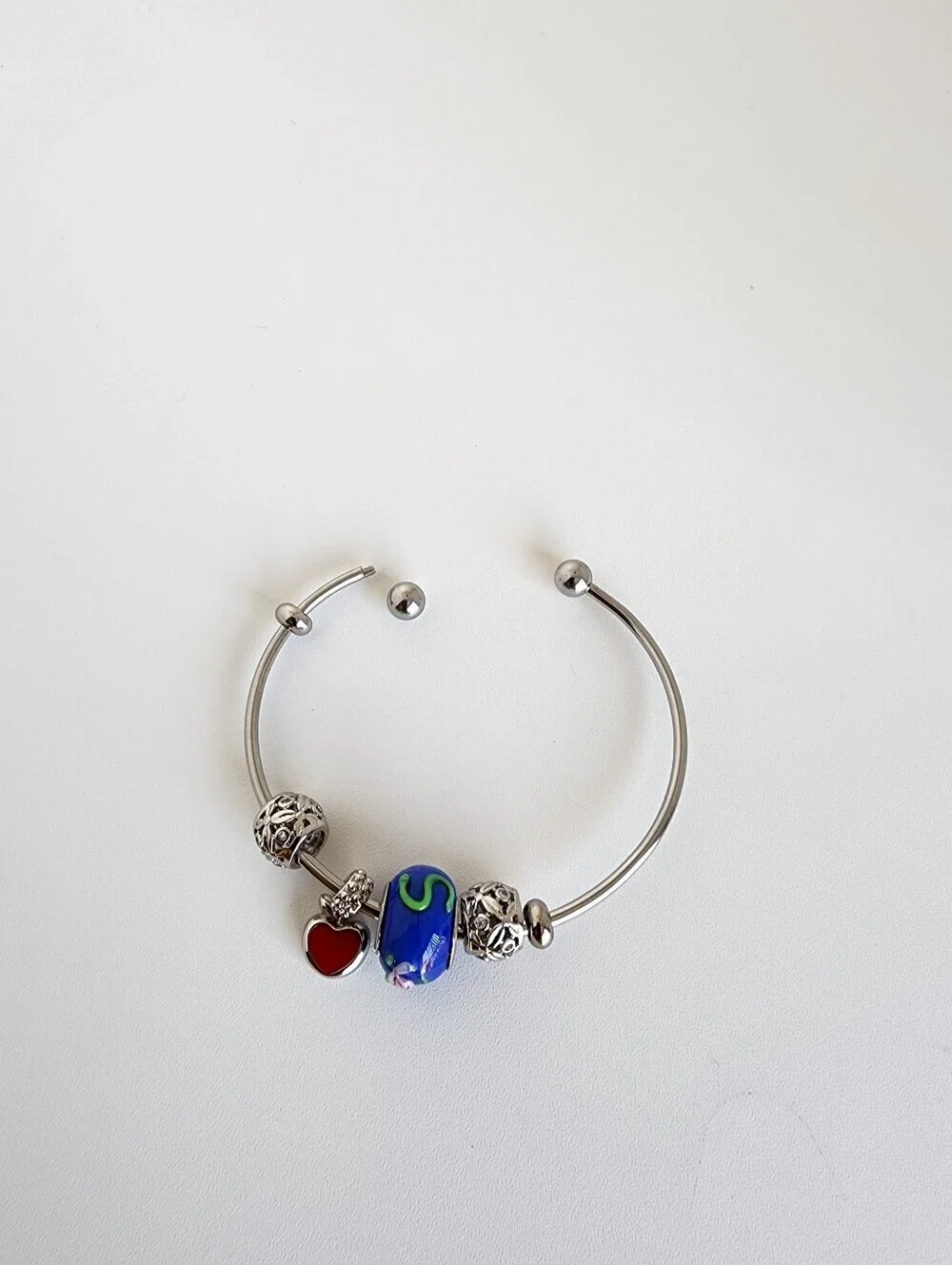 Silver Plated  Bangle Bracelet Blue Murano Glass Heart Charm Removable Charms